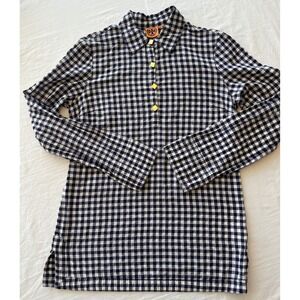 Tory Burch Gingham‎ Button Down Top Blouse Blue White Gold Size 8
